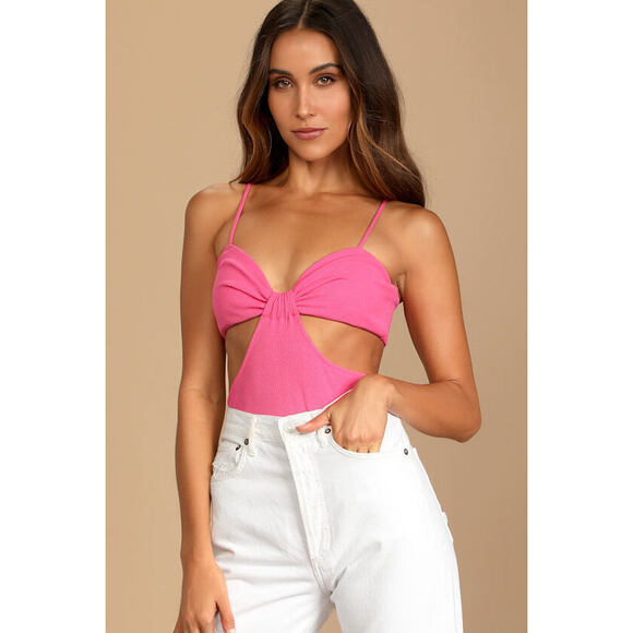 Lulus Tops - Lulus Bet On Yourself Hot Pink Ribbed Cutout Sleeveless Bodysuit - Size S
